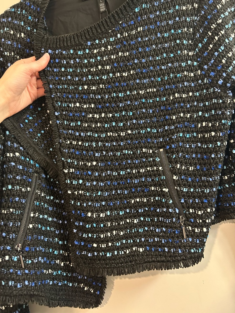 White House Black Market Black and Blue Tweed Open Front Jacket - Picture 7 of 7